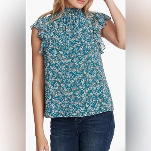 1.State Woodland Floral High Neck Flutter Sleeve Top NWT